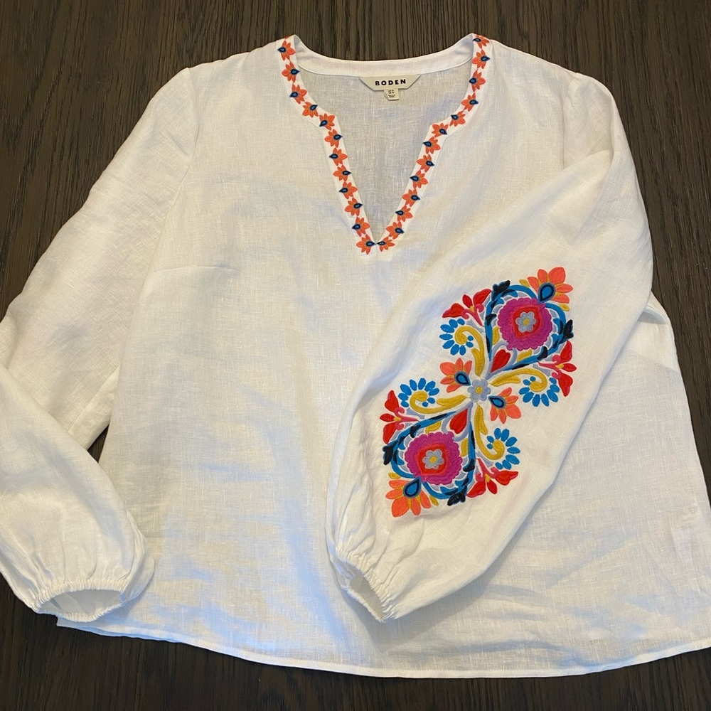 Boden Embroidered Linen Top Size 12